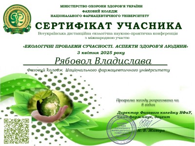 УЧАСТЬ У ВСЕУКРАЇНСЬКІЙ ДИСТАНЦІЙНІЙ ЕКОЛОГІЧНІЙ НАУКОВО – ПРАКТИЧНІЙ  КОНФЕРЕНЦІЇ «ЕКОЛОГІЧНІ ПРОБЛЕМИ СУЧАСНОСТІ. АСПЕКТИ ЗДОРОВ’Я ЛЮДИНИ»