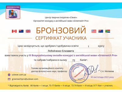 Вітаємо переможців XІІI Всеукраїнського конкурсу з англійської мови “ГРИНВІЧ – 2022” Вітаємо переможців XІІI Всеукраїнського конкурсу з англійської мови “ГРИНВІЧ – 2022”