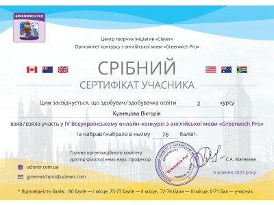 Вітаємо переможців ІV Всеукраїнського конкурсу з англійської мови  “ГРИНВІЧ ПРО – 2023”