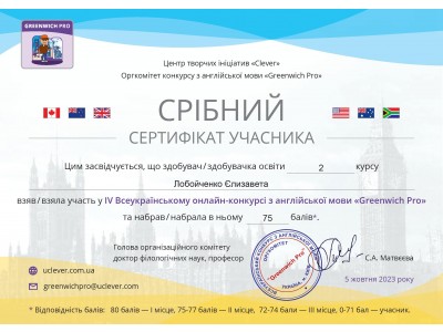 Вітаємо переможців ІV Всеукраїнського конкурсу з англійської мови  “ГРИНВІЧ ПРО – 2023”